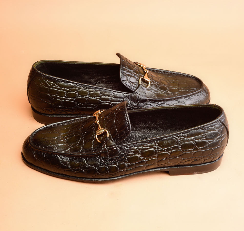 Dark Green Crocodile Embossed Loafers
