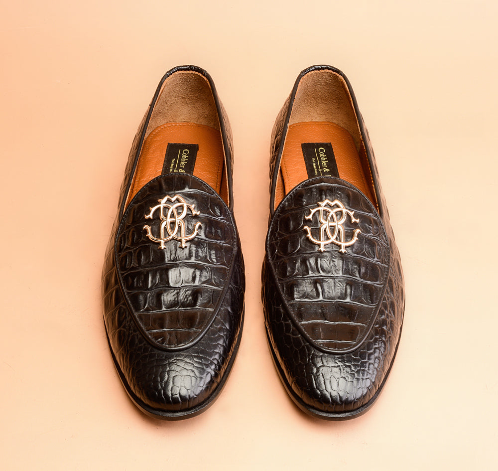 One Of A Kind Black Crocodile Embossed Loafers