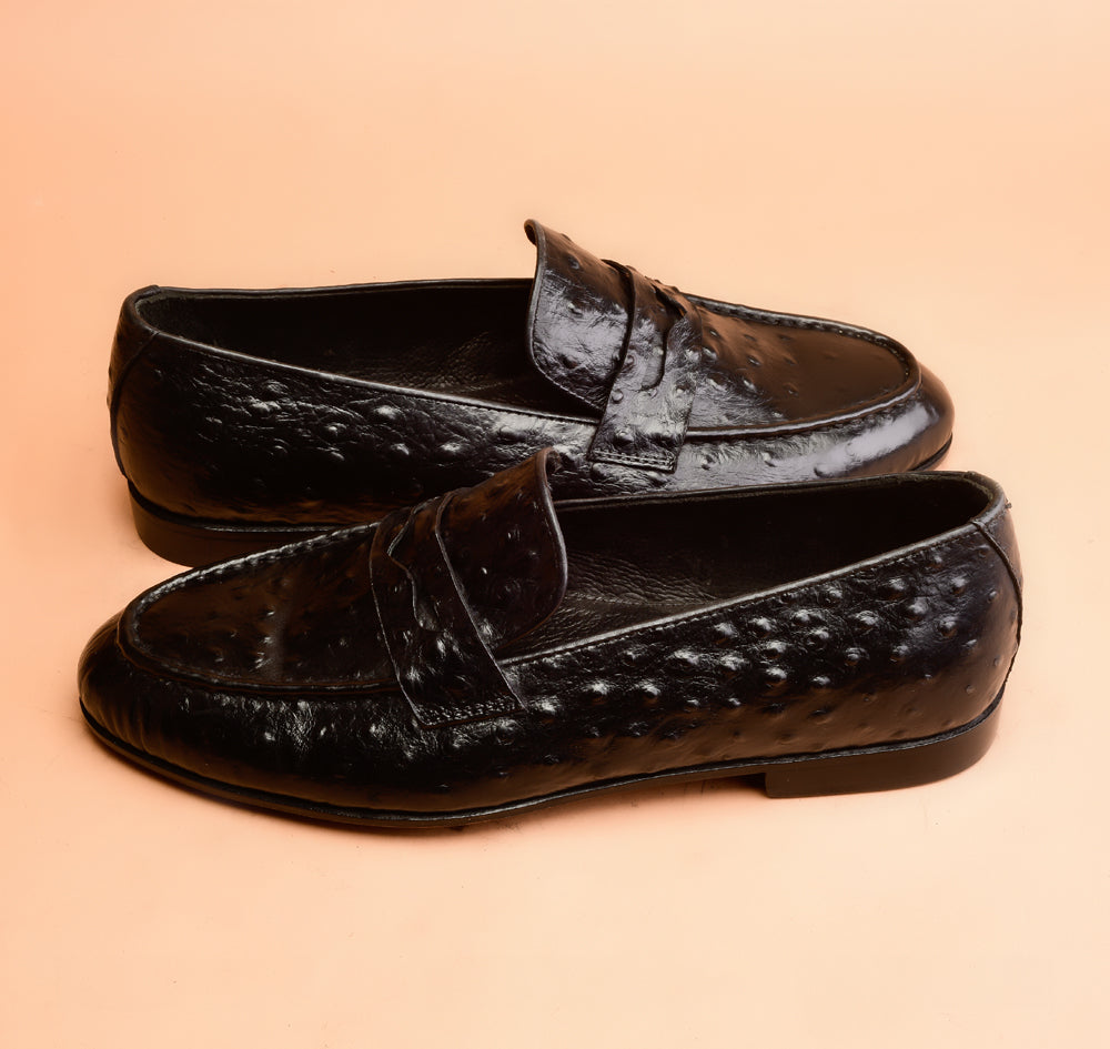 One Of A Kind Black Ostrich Embossed Loafers
