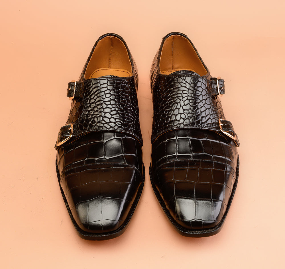 Christian louboutin Black Crocodile-Embossed Double Monk-Strap Shoes for Men | Handcrafted Calfskin Leather