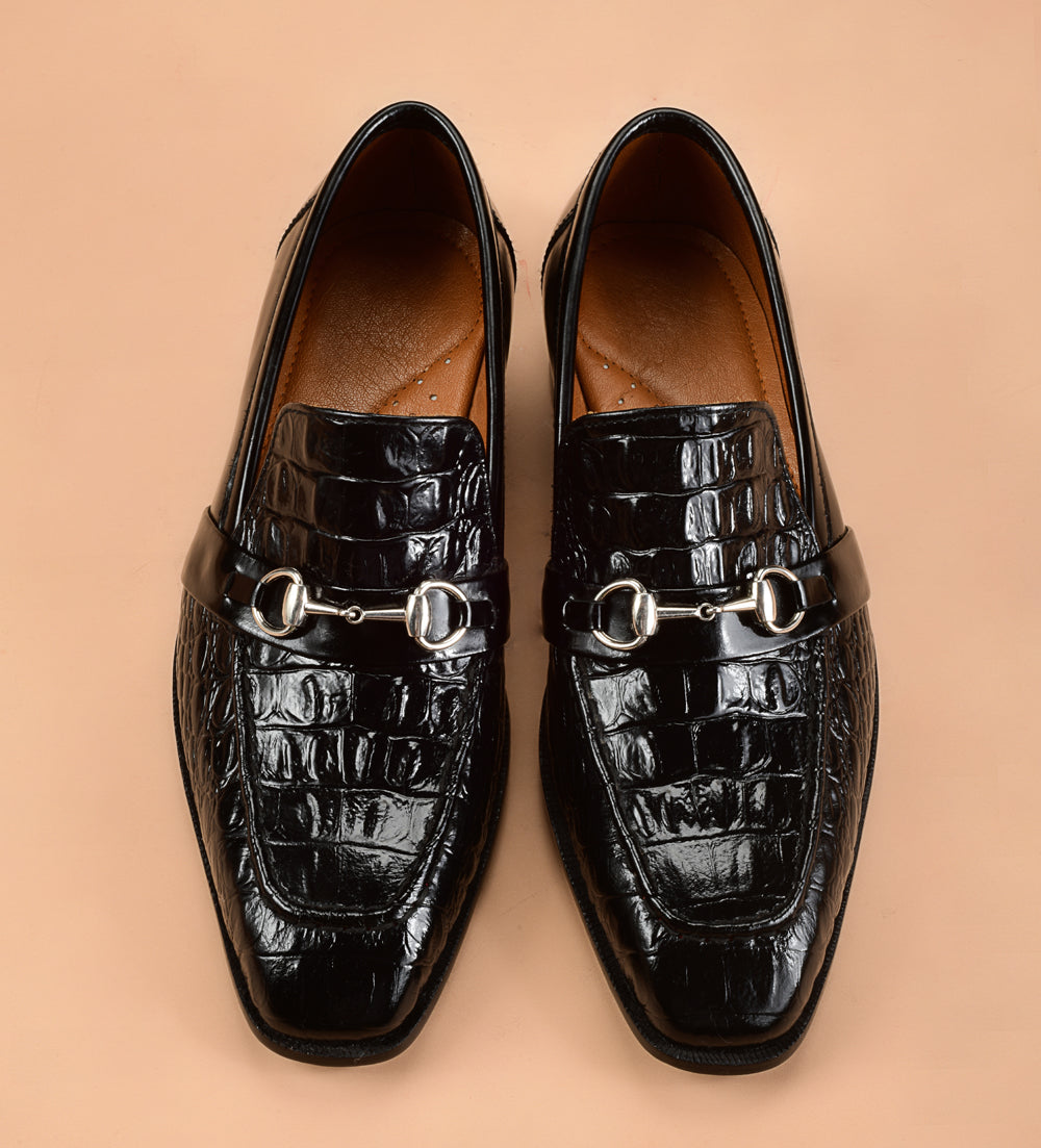 The Classic Crocodile Embosed Black Loafers