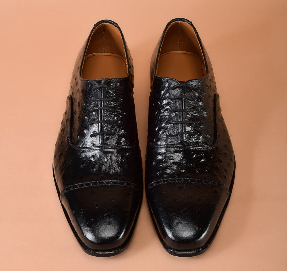 Ostrich Embossed Black Oxfords Dress Shoes