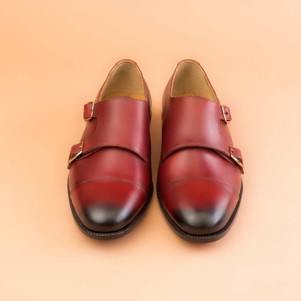 Mahroon Patina Double Monk-Strap Shoes