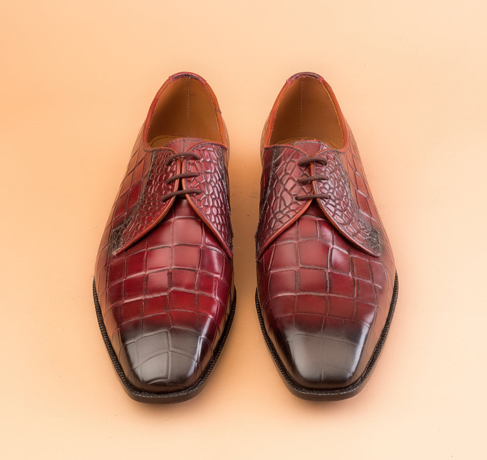 Classic Crocodile Embossed Red Wine Patina Derby