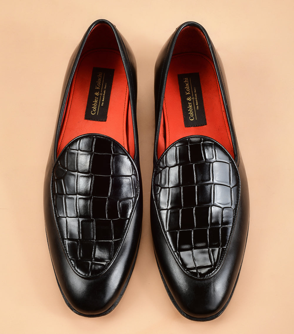 The Black Crocodile Embossed Vamp Belgian Loafer