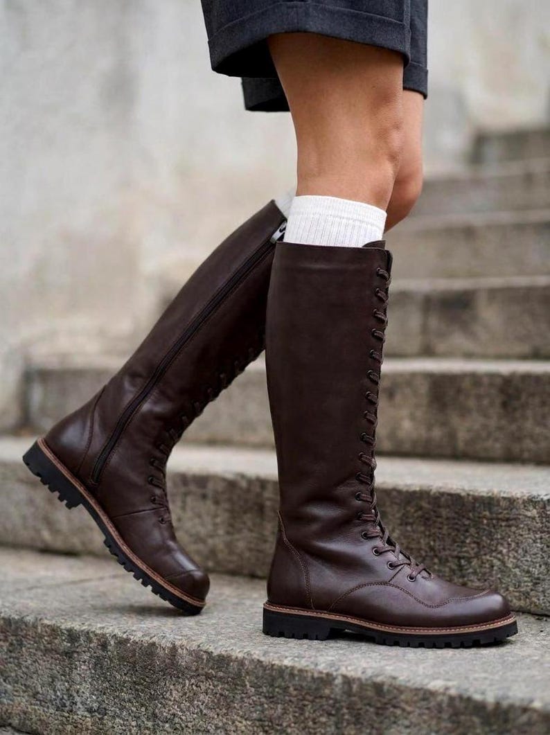Handmade Dark Brown Crazy Leather Knee-high Wider Boots: Women's Barefoot Zero Drop Shoes
