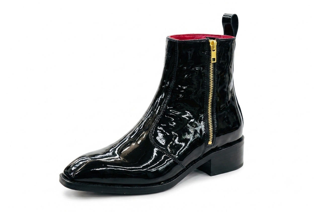 Men's Black Patent Leather Side Zip Ankle Boots – Handmade Luxury Dress Boots