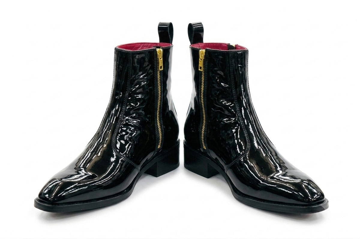 Men's Black Patent Leather Side Zip Ankle Boots – Handmade Luxury Dress Boots