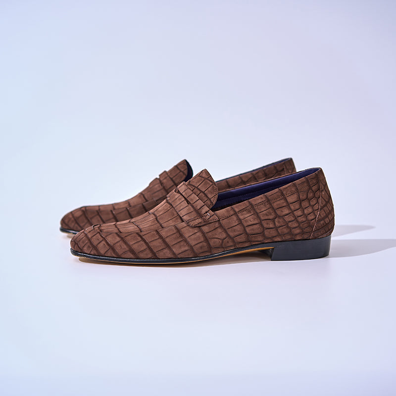 American Alligator Nubuck Penny Loafers 8150 Brown#Color_Brown