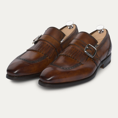 Buckle Loafers with Kiltie Fringe and Perforated Brogue Detailing in Brown