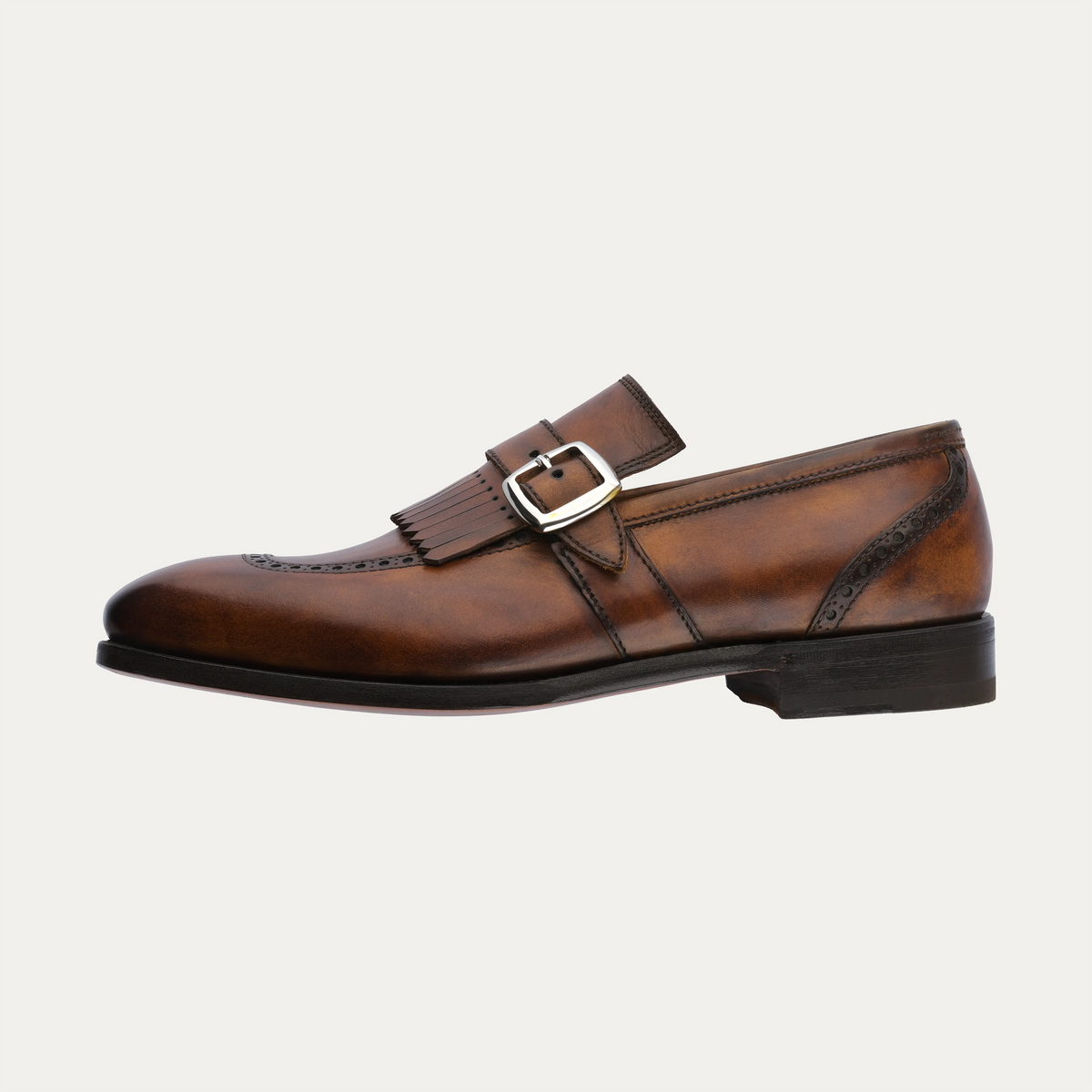 Buckle Loafers with Kiltie Fringe and Perforated Brogue Detailing in Brown