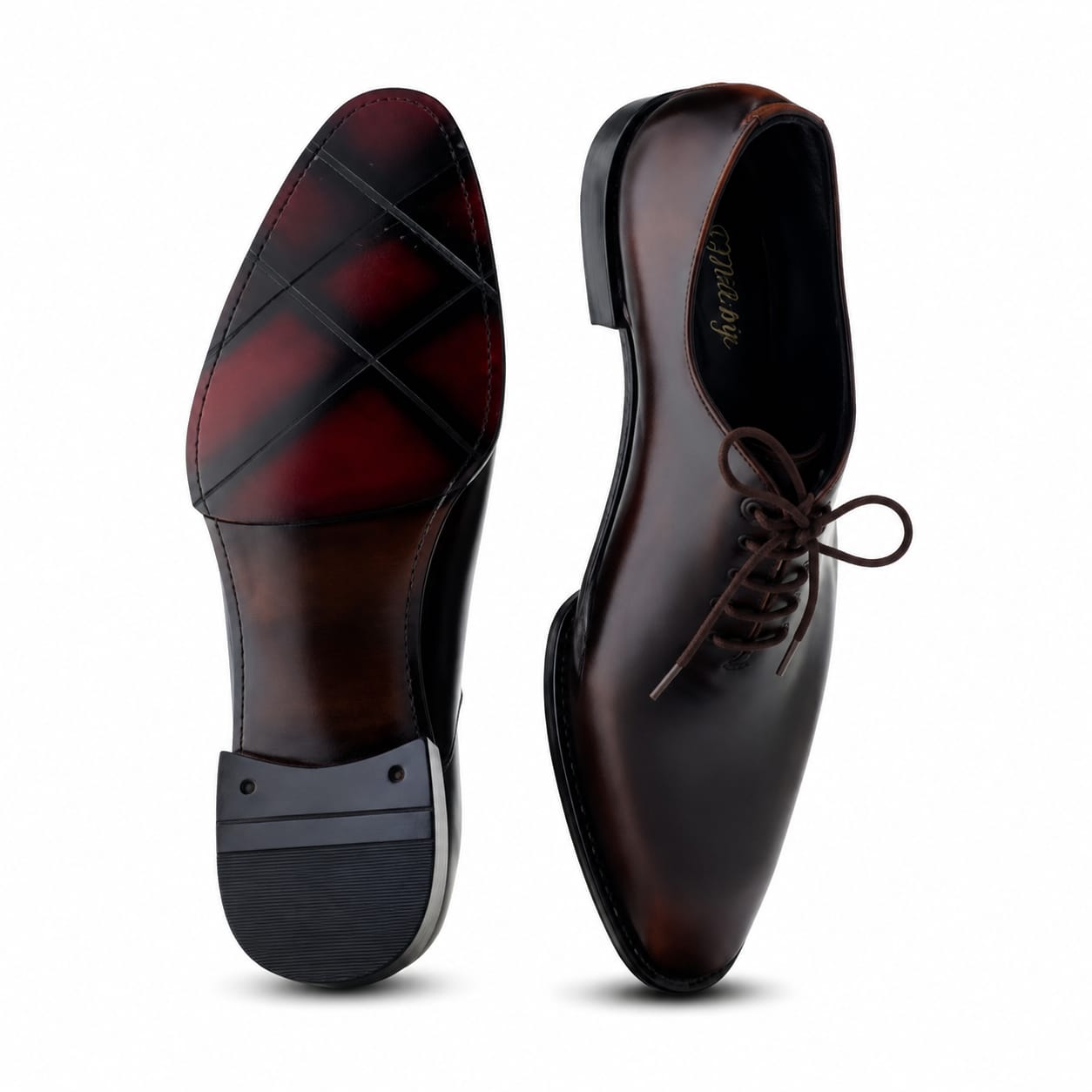 Burgundy-Brown Burnished Finish - Men's Handmade Plain-Toe Oxford Dress Shoes
