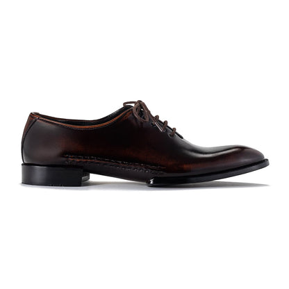 Burgundy-Brown Burnished Finish - Men's Handmade Plain-Toe Oxford Dress Shoes
