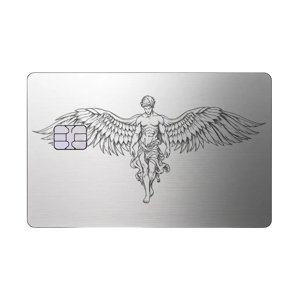Caduceus Prestige metal card with winged emblem in brushed silver finish
