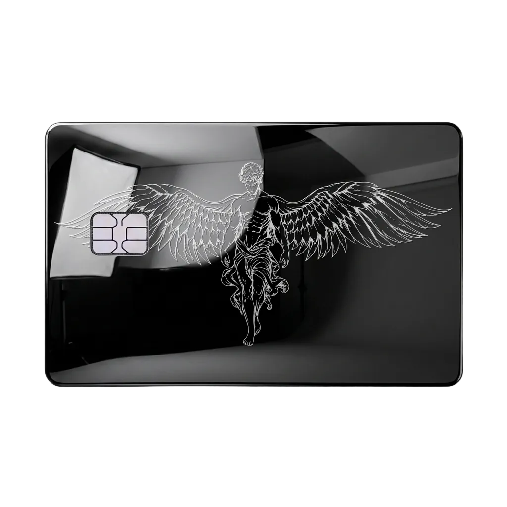 Caduceus Prestige metal card with winged emblem in glossy black finish