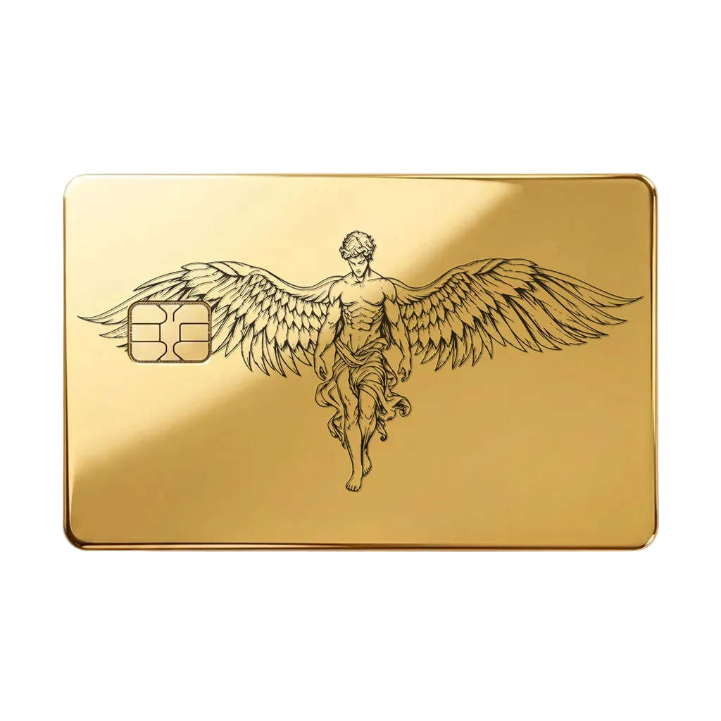 Caduceus Prestige metal card with winged emblem in glossy gold finish