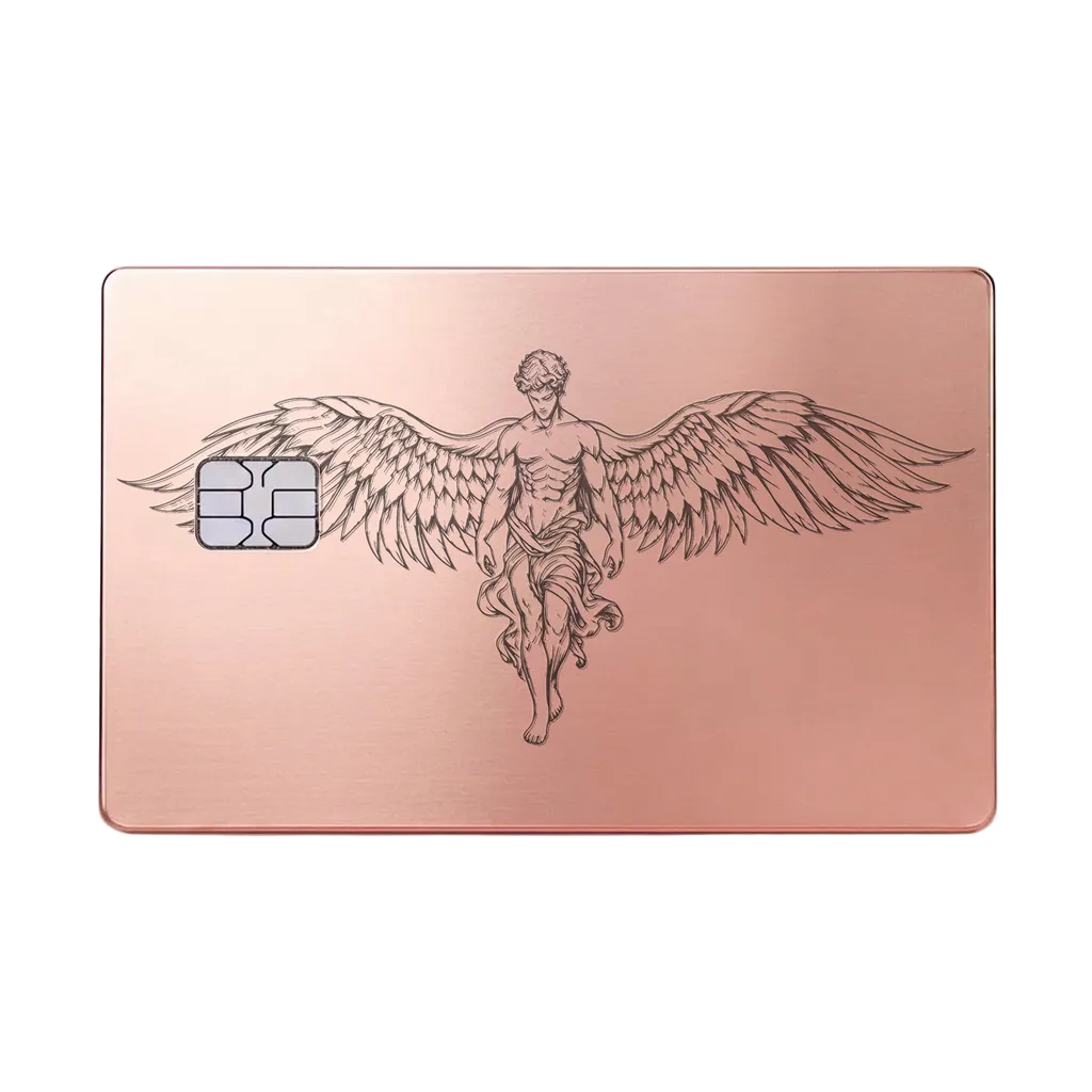 Caduceus Prestige metal card with winged emblem in glossy rose gold finish