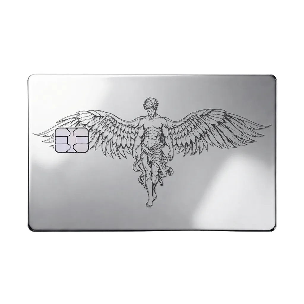 Caduceus Prestige metal card with winged emblem in glossy silver finish