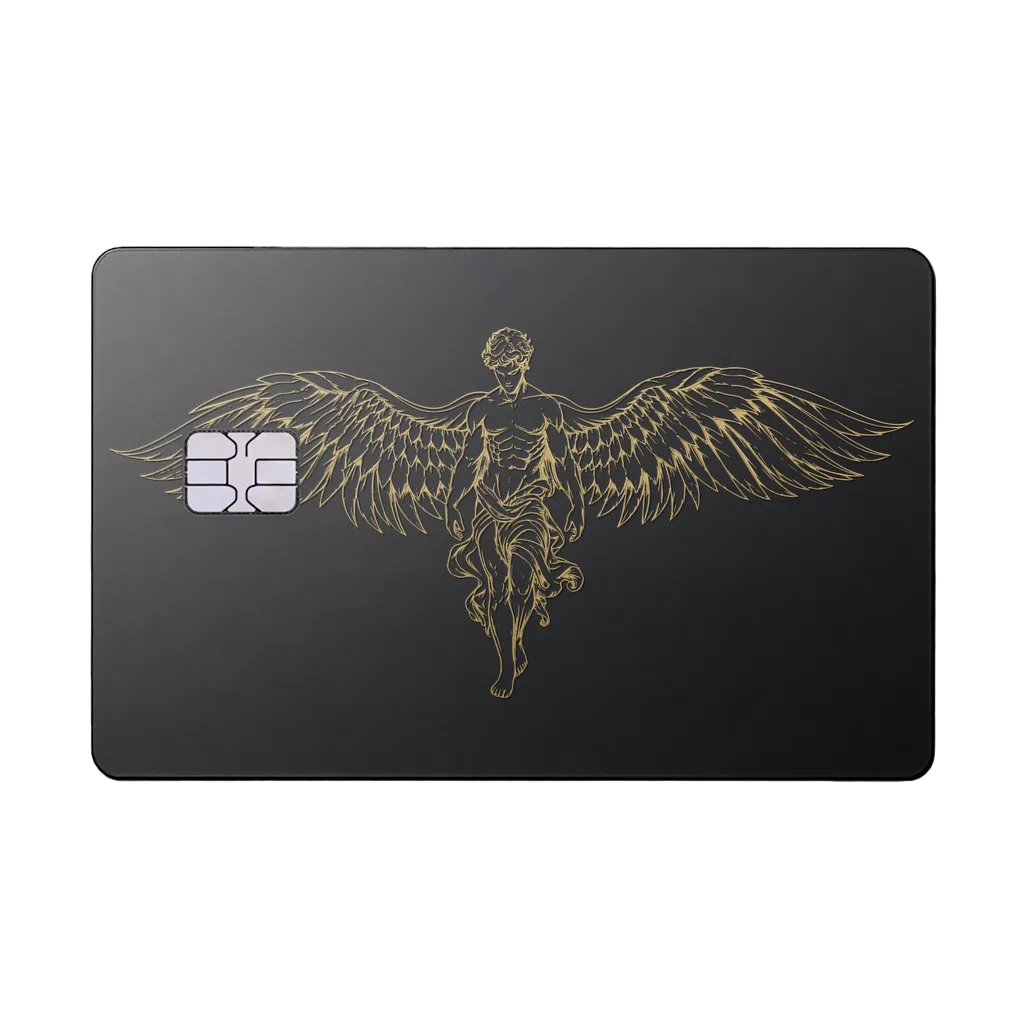 Caduceus Prestige metal card with winged emblem in matte black and gold finish