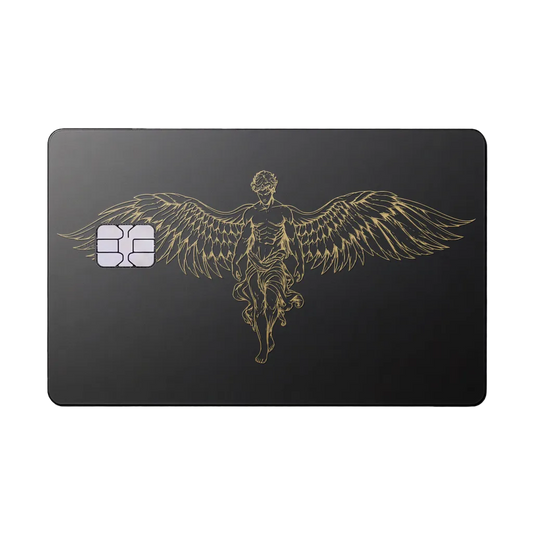 Caduceus Prestige metal card with winged emblem in matte black and gold finish