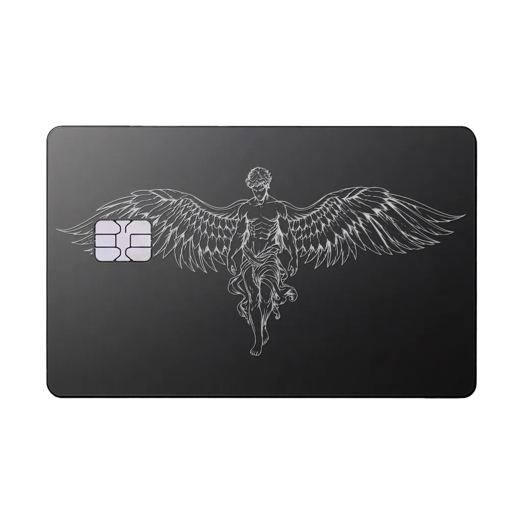 Caduceus Prestige metal card with winged emblem in matte black and silver finish