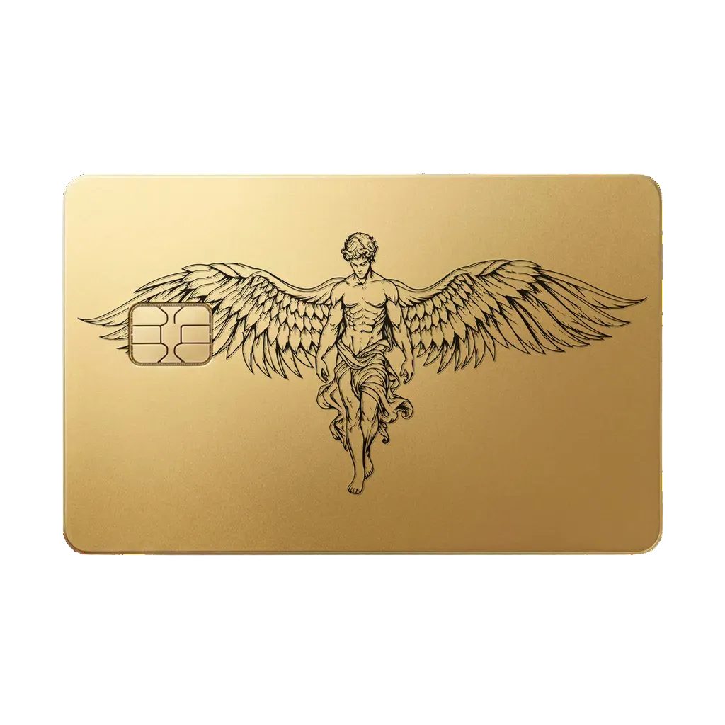 Caduceus Prestige metal card with winged emblem in matte gold finish