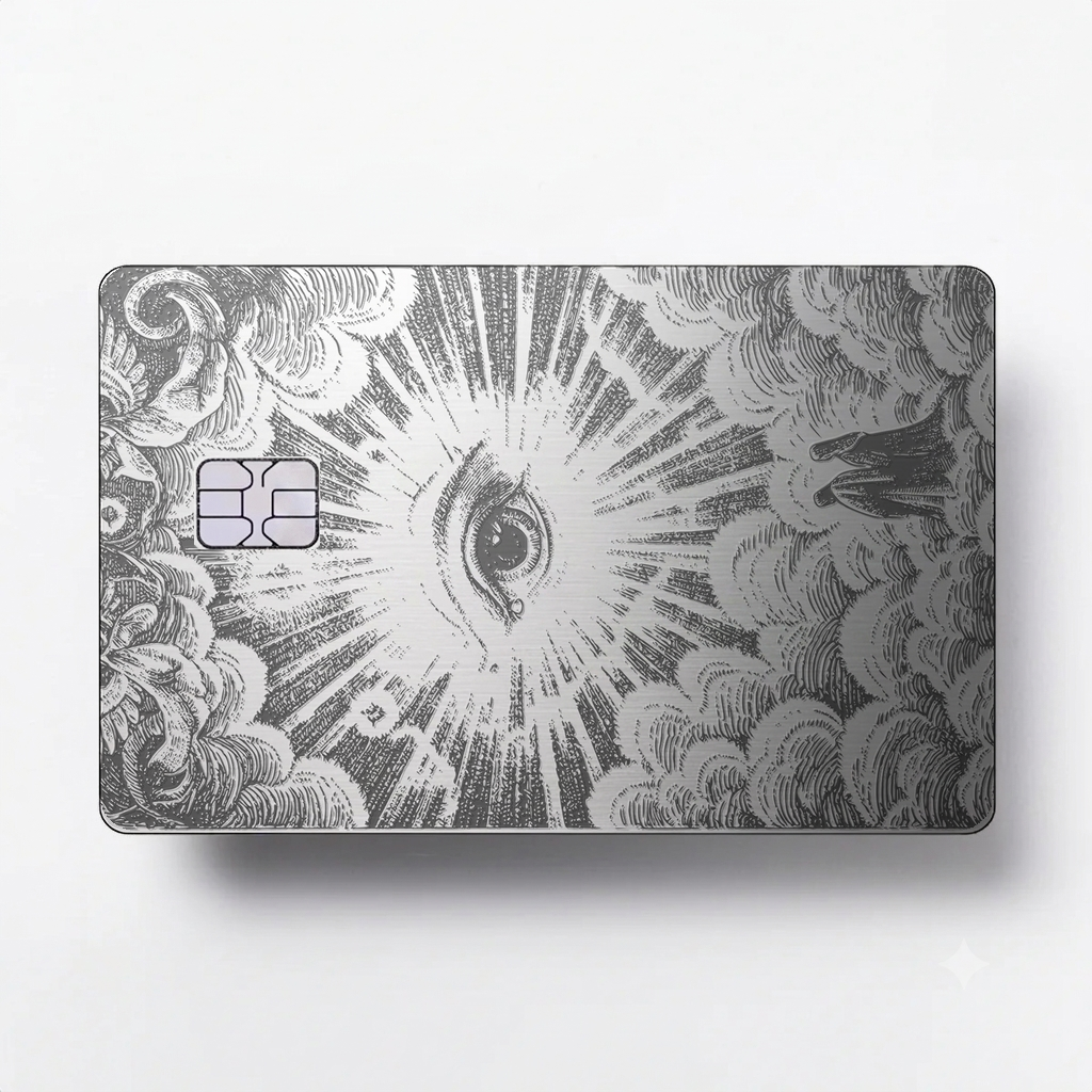 Celestial Eye luxury metal card with ornate engraved artwork in brushed silver finish