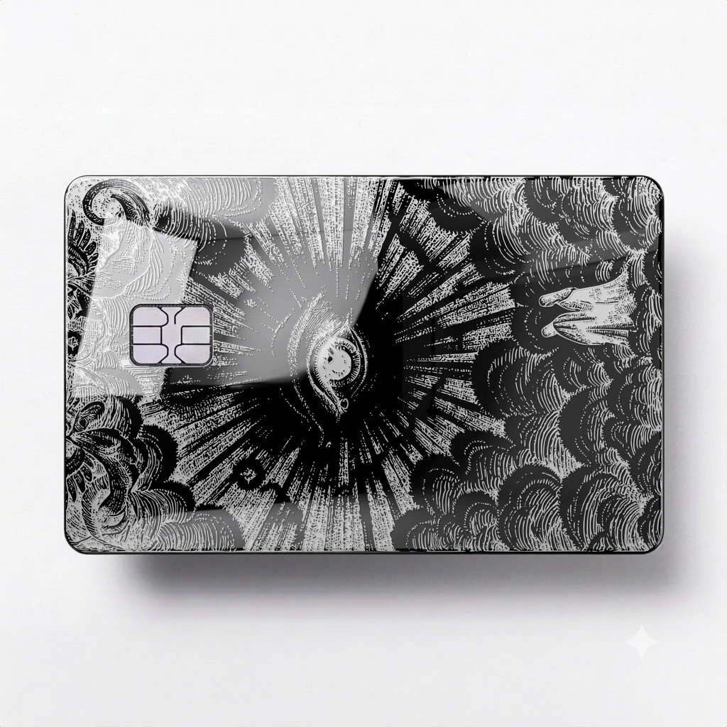 Celestial Eye luxury metal card with ornate engraved artwork in glossy black finish
