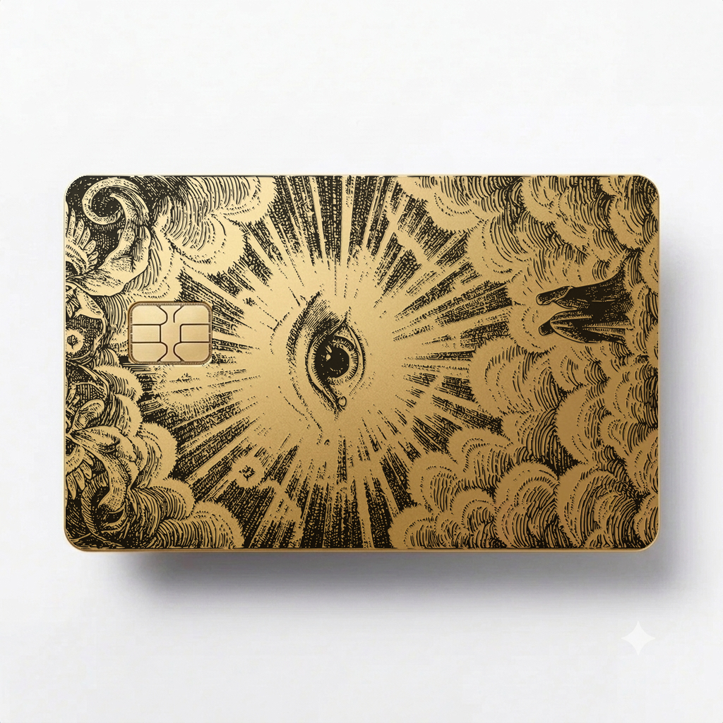 Celestial Eye luxury metal card with ornate engraved artwork in glossy gold finish