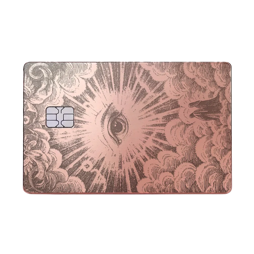 Celestial Eye luxury metal card with ornate engraved artwork in glossy rose gold finish