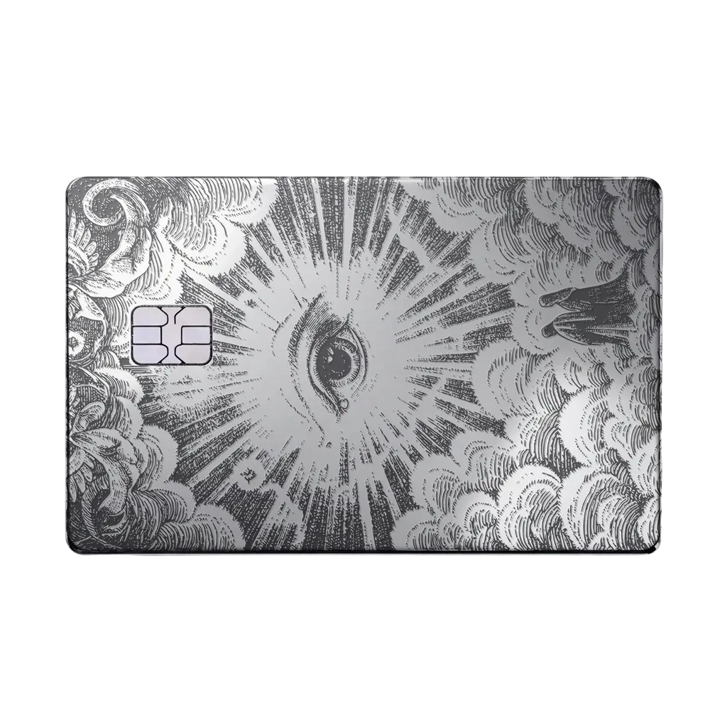 Celestial Eye luxury metal card with ornate engraved artwork in glossy silver finish