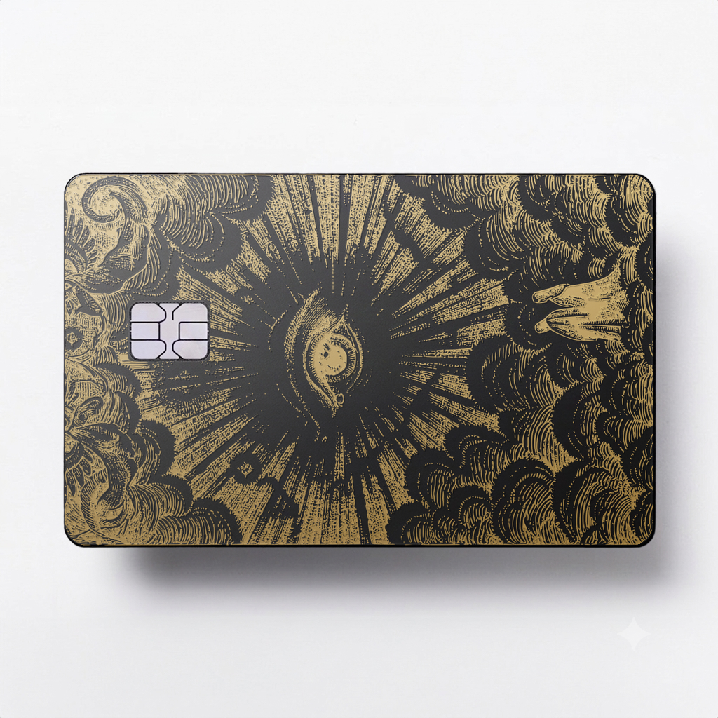 Celestial Eye luxury metal card with ornate engraved artwork in matte black and gold finish