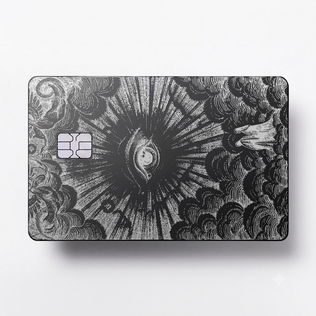 Celestial Eye luxury metal card with ornate engraved artwork in matte black and silver finish