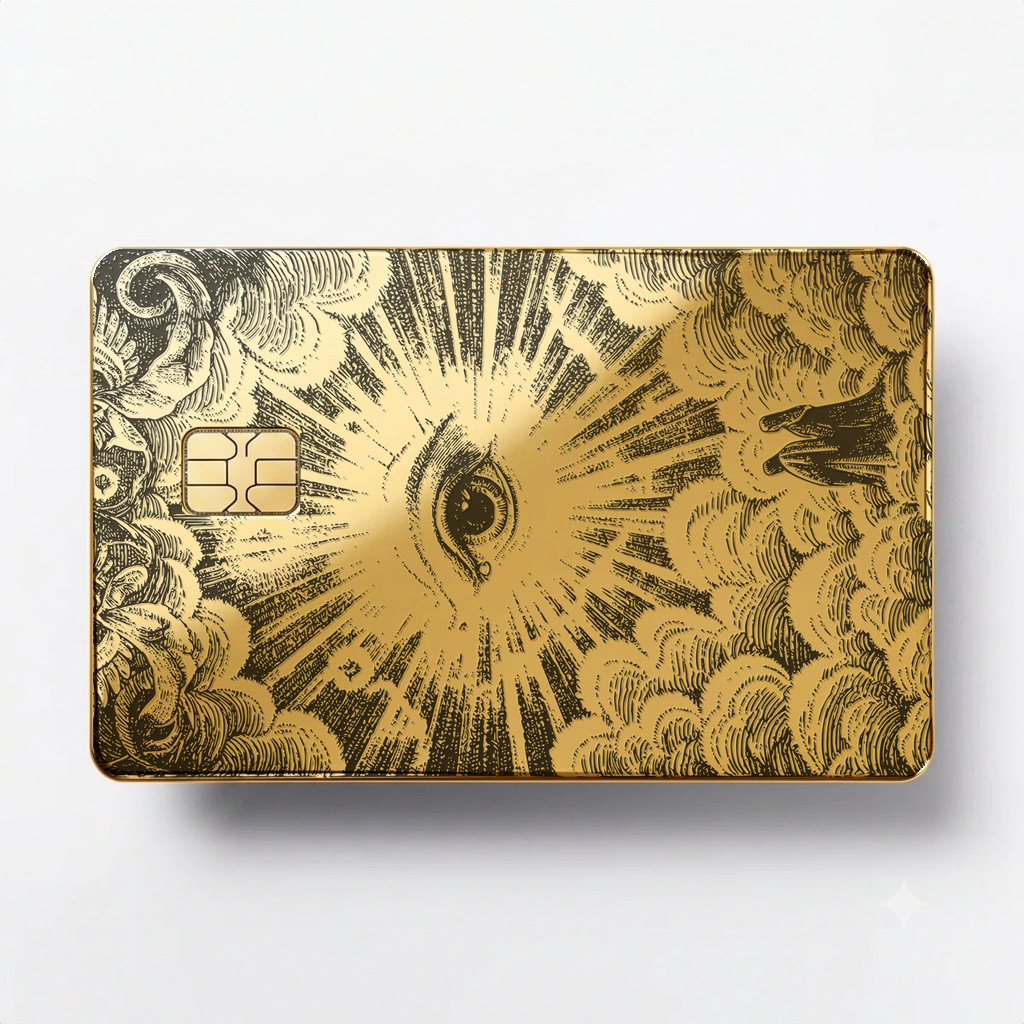 Celestial Eye luxury metal card with ornate engraved artwork in matte gold finish