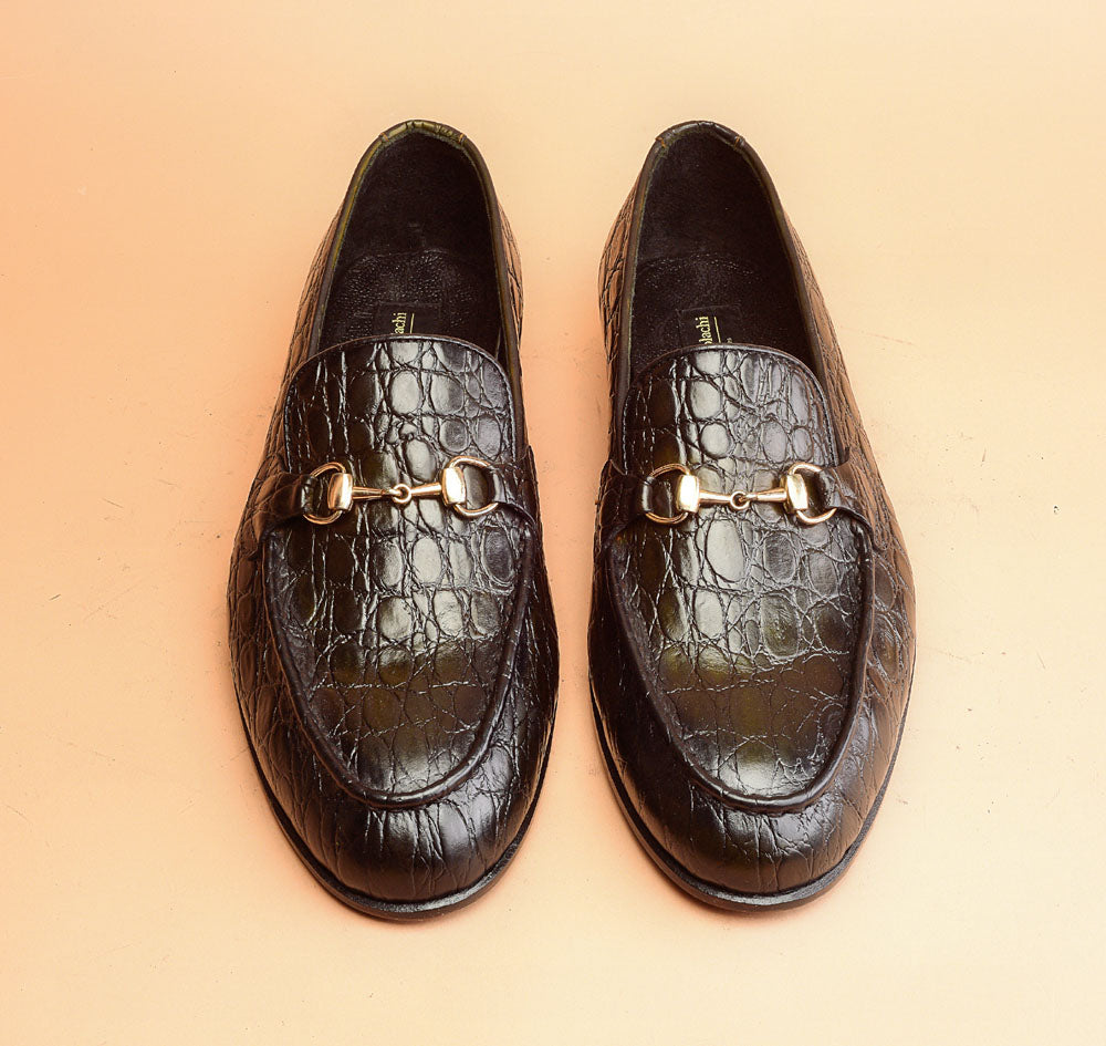 Dark Green Crocodile Embossed Loafers