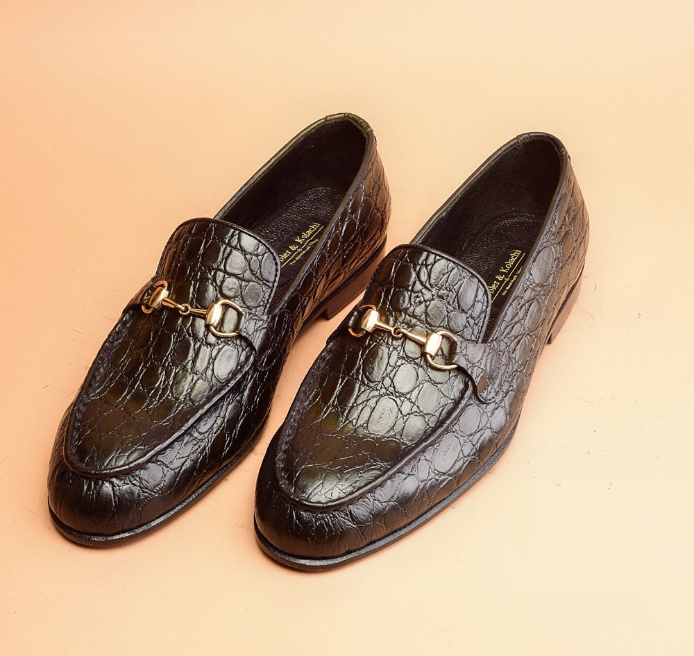 Dark Green Crocodile Embossed Loafers