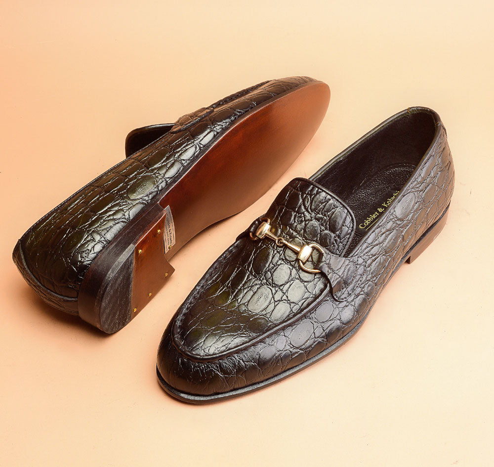 Dark Green Crocodile Embossed Loafers