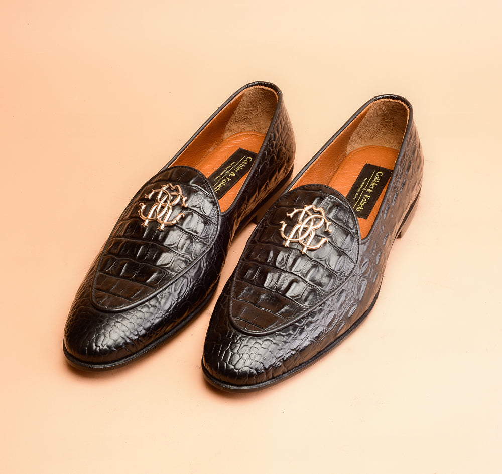 One Of A Kind Black Crocodile Embossed Loafers
