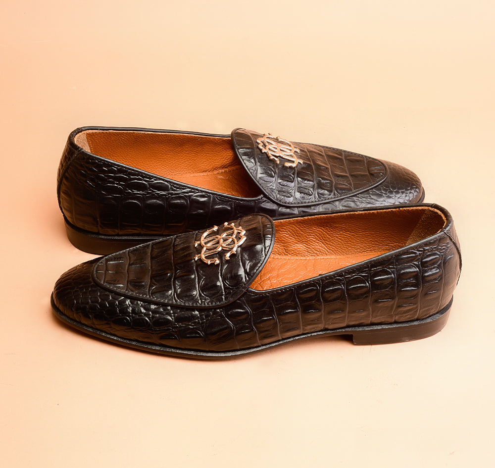 One Of A Kind Black Crocodile Embossed Loafers