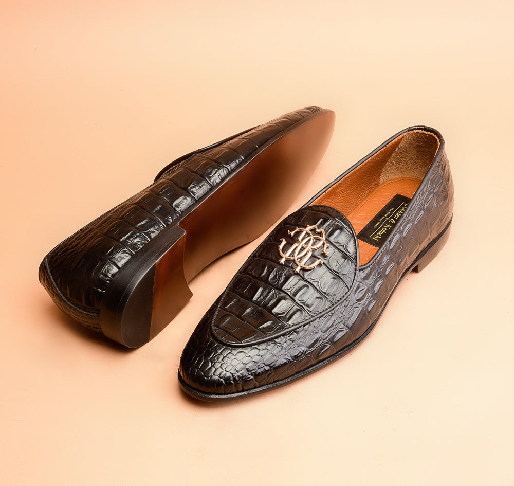 One Of A Kind Black Crocodile Embossed Loafers