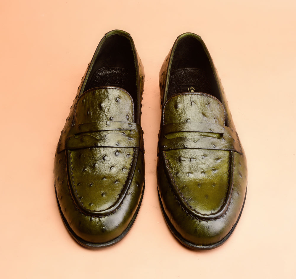 Green Ostrich Embossed Loafers