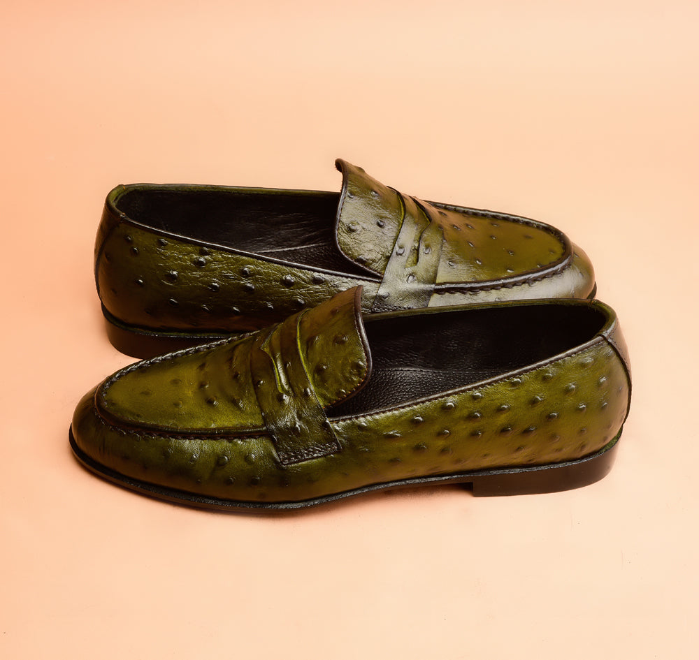 Green Ostrich Embossed Loafers