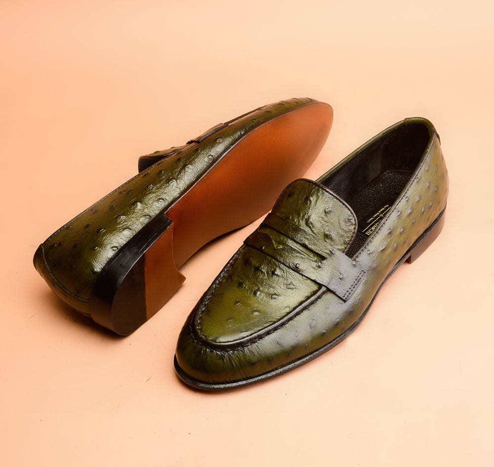 Green Ostrich Embossed Loafers