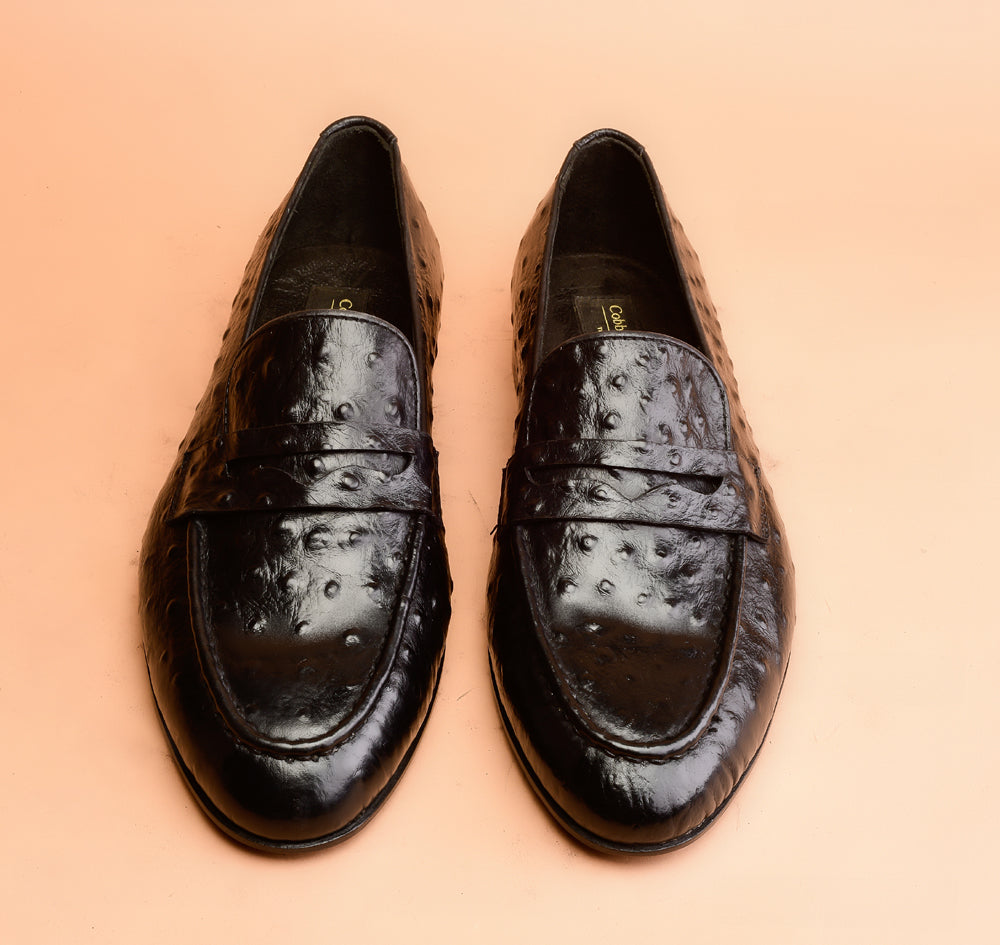 One Of A Kind Black Ostrich Embossed Loafers