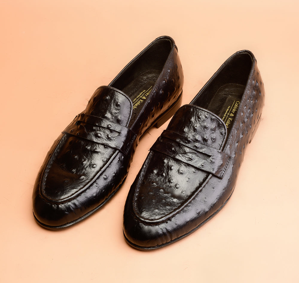 One Of A Kind Black Ostrich Embossed Loafers