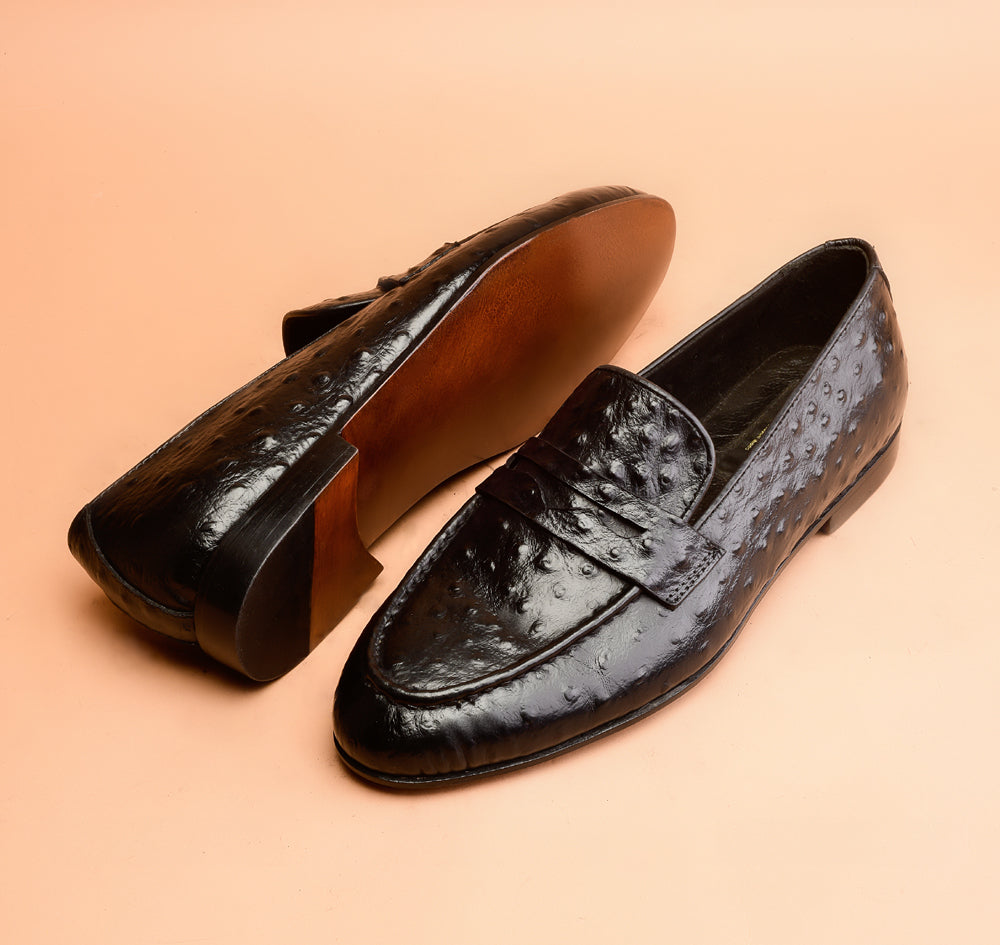 One Of A Kind Black Ostrich Embossed Loafers