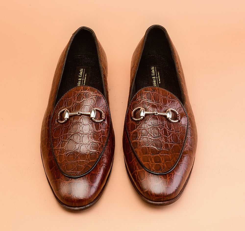 Brown Crocodile Embossed Loafers