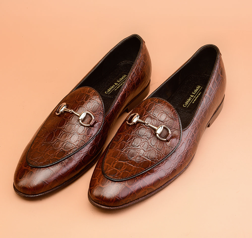 Brown Crocodile Embossed Loafers