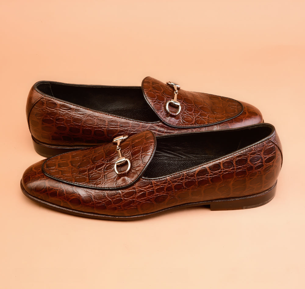 Brown Crocodile Embossed Loafers
