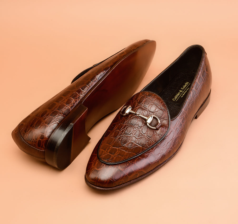 Brown Crocodile Embossed Loafers
